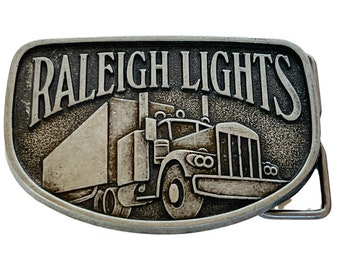 Vintage Belt Buckle Brass Bronze Raleigh Lights Semi Truck Big Rig tractor trailer