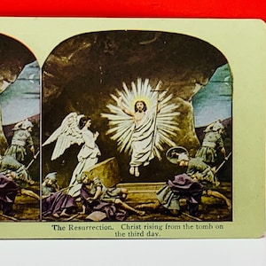 STÉRÉOVIEW sépia photographie photo antique americana Vintage VTG USA éphémères nous fait 1896 Jésus Christ levant tombe Pâques
