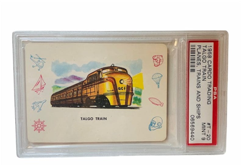 Planes Trains Ships Cars Automobiles Trading Collectors Card 1958 Cardo Trading Leaf Guild Graded Mint PSA 9 Talgo Locomotive Spanish T20 image 1