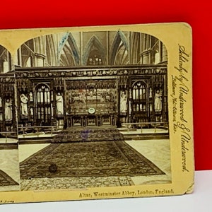 STÉRÉOVIEW sépia photographie photo antique americana Vintage VTG USA éphémères nous fait 1899 Westminster Abbey autel Angleterre Londres Royaume-Uni