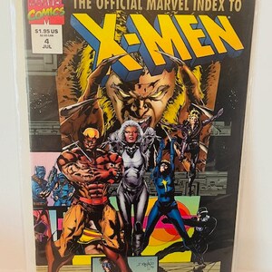 May include: A comic book cover featuring the X-Men. The cover is black with a yellow and red X-Men logo. The characters Wolverine, Storm, and Sabretooth are featured on the cover. The cover text reads "The Official Marvel Index to X-Men".