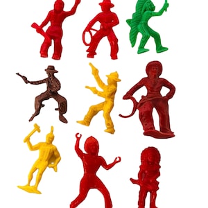 May include: Set of nine plastic toy figures depicting cowboys and Native Americans. The figures are in various poses and are painted in red, green, yellow, brown, and orange.