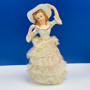 UCAGO VICTORIAN FIGURINE 1960s Japan ceramics porcelain lady woman napco lace dress mcm vintage vtg gold trim decor sculpture statue