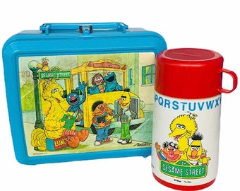 PLASTIC LUNCHBOX THERMOS vintage 1989 Aladdin collectible lunch box retro vtg Sesame Street bus Muppets Big Bird Grover Bert Ernie henson