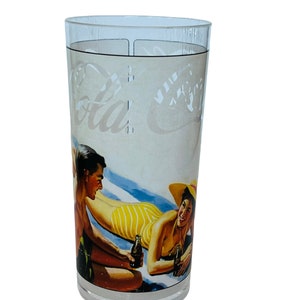 Coca Cola Drinking Glass mug cup Coke Soda Pop vtg advertising beach plastic yellow hat swimsuit