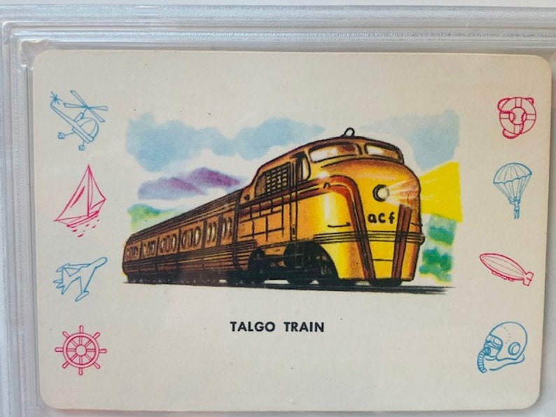 Planes Trains Ships Cars Automobiles Trading Collectors Card 1958 Cardo Trading Leaf Guild Graded Mint PSA 9 Talgo Locomotive Spanish T20 image 3