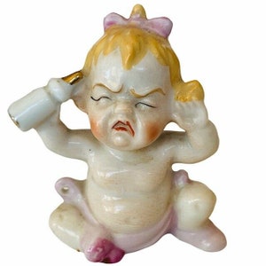 Antique Porcelain Figurine vtg gift decor sculpture Japan baby screaming bottle