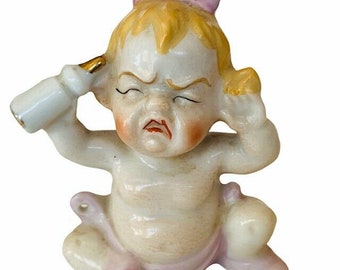 Antique Porcelain Figurine vtg gift decor sculpture Japan baby screaming bottle