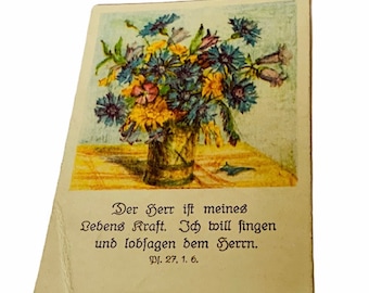 HOLY PRAYER CARD Vintage katholischen Christian Christ Christus Christus Maria Gott Papier antike Ephemera Kirche Geschenk Museum 1947 Blumenstrauß Topf Blumen