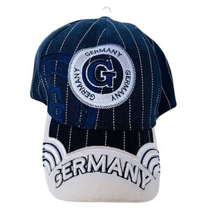 May include: A black and white striped baseball cap with a white brim. The cap features a blue and white embroidered circle with the word "GERMANY" and a large "G" in the centre. The brim of the cap also has the word "GERMANY" embroidered in white.