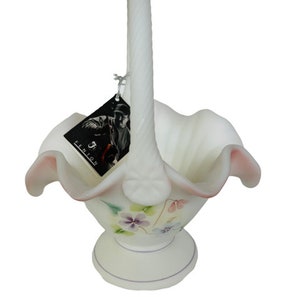 Fenton Art Glass Basket Trellis figurine SIGNED Milk Beck pink rose floral tag