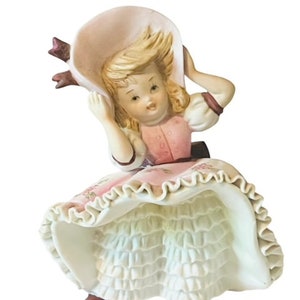 Lefton Kelvin Figurine fille à volants habiller rose vtg sculpture Japon chapeau venteux