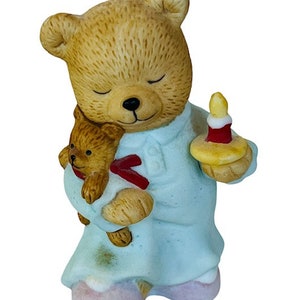 Porcelain Bear Miniature Bisque Figurine anthropomorphic teddy cub candle pajama