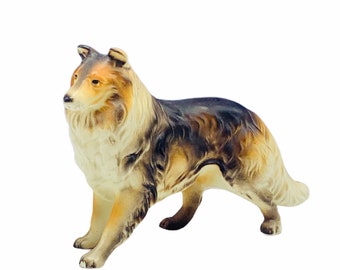 PUPPY DOG FIGURINE Collie Lassie vintage decor collectible vtg mcm statue sculpture porcelain japan golden brown gift