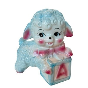 Lamb Sheep Bank Figurine Treasure Masters Japan 1950s anthropomorphic toy block