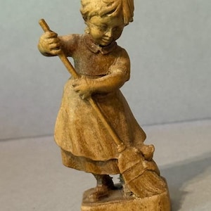 Vintage Anri Ferrandiz Italy Hand Carved Figurine RARE Girl Broom Cat Kitten mcm