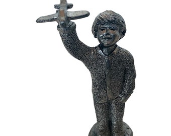 Michael Ricker pewter metal figurine sculpture statue limited edition vtg signed gift decor vintage boy airplane plane jet model Christmas