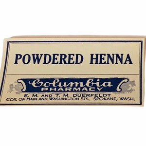 DRUGSTORE PHARMACY LABEL antikes Papier Ephemera Vintage ww1 Ära wwi Werbeanhänger für Flasche Handwerk pulverisierte Henna Spokane washington Wa