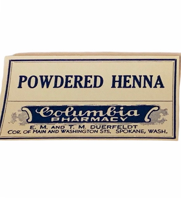 DRUGSTORE PHARMACY LABEL antique paper ephemera vintage ww1 era wwi advertising tag for bottle craft powdered Henna spokane washington Wa