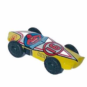 ANTIQUE TIN CAR 1950s litho Japan automobile toy metal racing race vintage vtg mcm collectible transportation gift decor miniature Yellow
