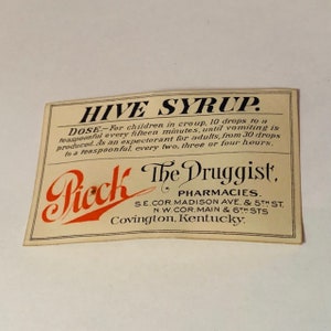 DRUGSTORE PHARMACY LABEL antique paper ephemera vintage ww1 era wwi advertising tag bottle craft Pieck Covington Kentucky Hive Syrup Ky vtg