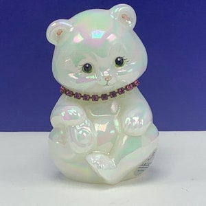 FENTON TEDDY BEAR vintage birthday glass figurine sculpture statue opalescent irredescent vtg retired original milk white pink rose necklace
