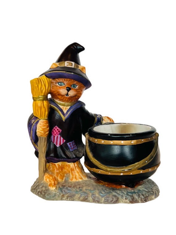 Halloween Candle Holder Vtg Black Cat Witch Partylite Figurine Etsy