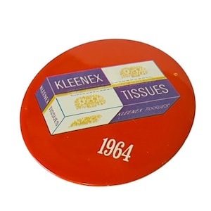 Kleenex Tissue Button pinback pin slogan vtg advertising red antique ad USA 1964