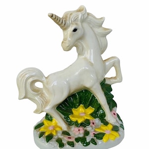 UNICORN MYTHICAL FANTASY figura escultura vintage porcelana mágica caballo blanco semental decoración regalo pony estatua flor floral 9&quot;