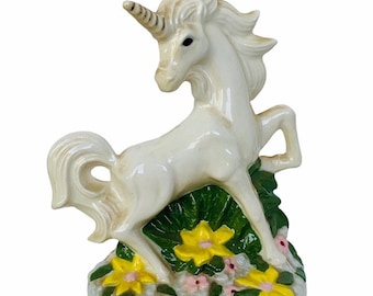 UNICORN MYTHICAL FANTASY figura escultura vintage porcelana mágica caballo blanco semental decoración regalo pony estatua flor floral 9"