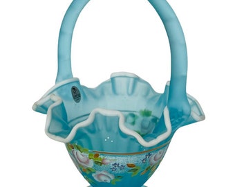 Fenton Art Glass Basket Trellis-beeldje ONDERTEKEND Bill Charleton Collection blauw