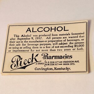 DRUGSTORE PHARMACY LABEL antique paper ephemera vintage ww1 era wwi advertising tag for bottle craft Pieck Covington Kentucky Ky Alcohol vtg