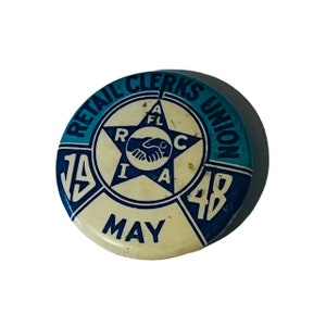Retail Clerk Trade Union Pin Button Pinback Bastian Bros vtg 1948 May antique us