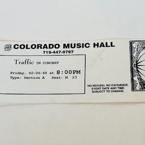 Traffic Concert Ticket Stub Vintage Musik Memorabilia Rockband Pop Country Metal Rap Ephemera Colorado CO 1998 Music Hall Denver