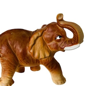 Elephant Figurine Pachyderm sculpture statue gift decor trunk up porcelain ceramic anthropomorphic vintage mcm vtg antique Japan beige tan