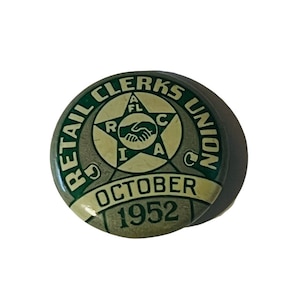 Retail Clerk Trade Union Pin Button Pinback Bastian Bros vtg 1952 October usa ME