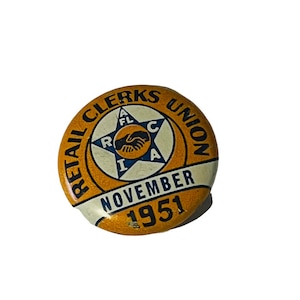 Retail Clerk Trade Union Pin Button Pinback Bastian Bros vtg 1951 November mcm 5
