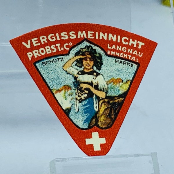 CHEESE LABEL EPHEMERA vintage paper advertising collectible vtg mcm 1940s Switzerland Swiss Vergissmeinnicht Langnau