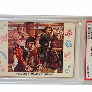 Freibeuter Piraten Räuber Handel Sammler Karte 1959 Cardo Handel Blatt Gilde Graded Mint PSA 9 Francis L'olonnois greift Häftling P8 uns an