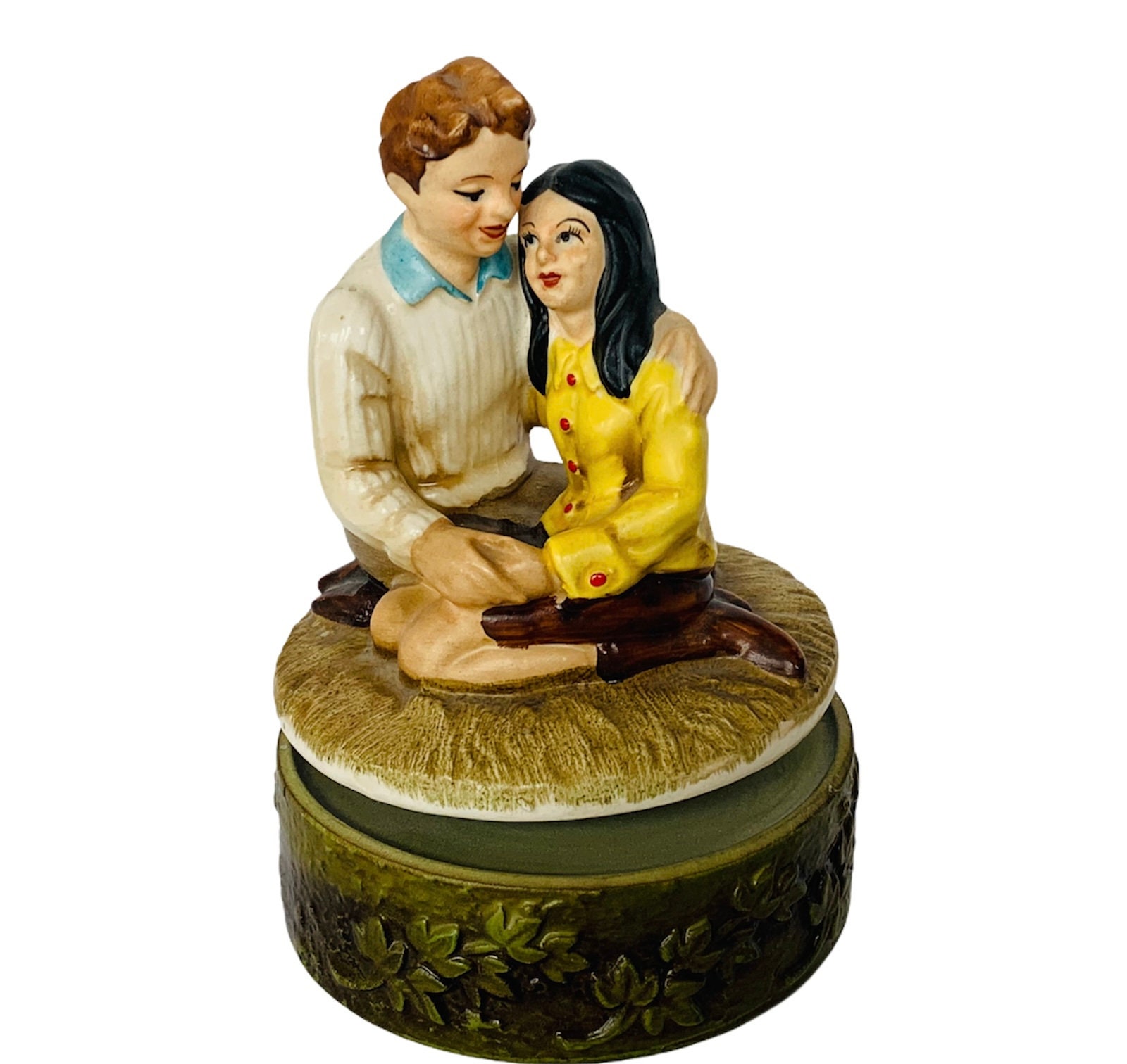 Vintage Music Box Japan 1950s picnic love couple figurine moving rotating musical working sculpture ceramic art gift
