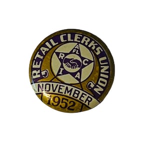Retail Clerk Trade Union Pin Button Pinback Bastian Bros vtg 1952 November usa