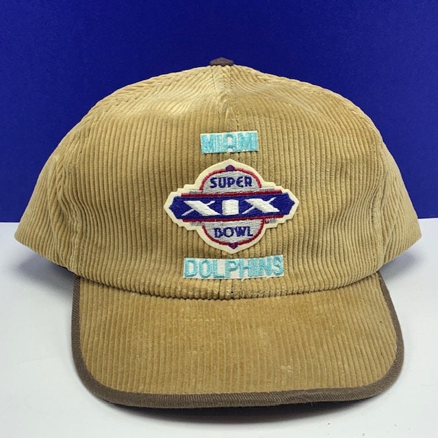 MIAMI DOLPHINS HAT vintage snapback trucker vtg nfl football sports memorabilia super bowl xix san francisco 49ers corduroy Dan Marino beige