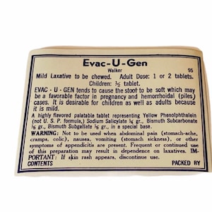 DRUGSTORE PHARMACY LABEL antikes Papier Ephemera Vintage ww1 Ära wwi Werbeanhänger für Flasche Handwerk evac u gen Abführmittel