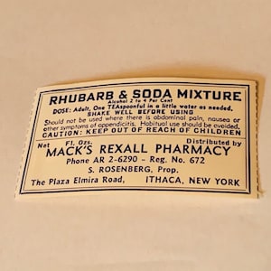DRUGSTORE PHARMACY LABEL antikes Papier Ephemera Vintage ww1 Ära wwi Werbeanhänger für Flasche Handwerk New York ny Macks Ithaca Rhabarber Soda