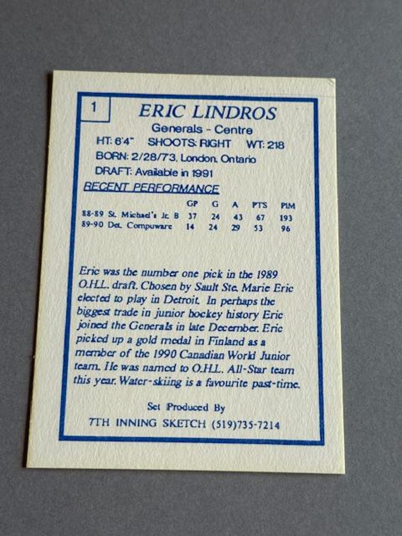 Eric Lindros Rookie Card RC 1989 Oshawa Generals 7th Inning Sketch #1 ...