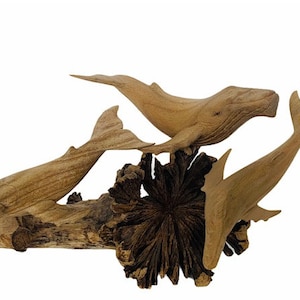 Tallada a mano madera ballena figurilla Escultura Esperma azul jorobada aleta familia náutica pescado marino decoración océano arte popular vintage antigüedad antigua