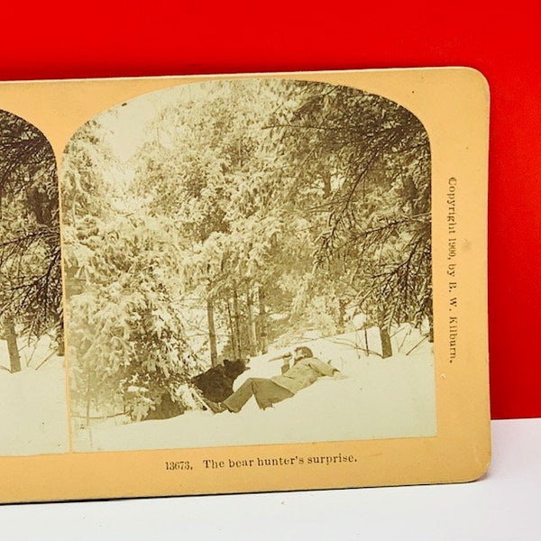 STEREOview SEPIA PHOTOGRAPH antikes Foto Bild americana Vintage vtg usa ephemera uns machte 1900 Bärenjäger Überraschungsmesser grizzly Angriff