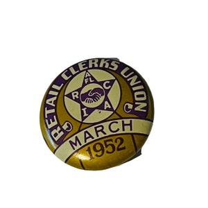 Retail Clerk Trade Union Pin Button Pinback Bastian Bros vtg 1952 March antique