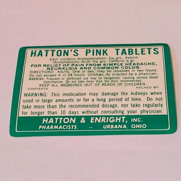 DRUGSTORE PHARMACY LABEL drug store antique paper ephemera vintage ww1 era wwi advertising craft Hatton Enright Urbana Ohio Oh pink tablets