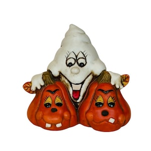 Halloween Candle Holder vtg Pumpkin Jack Lantern figurine Ghost anthropomorphic